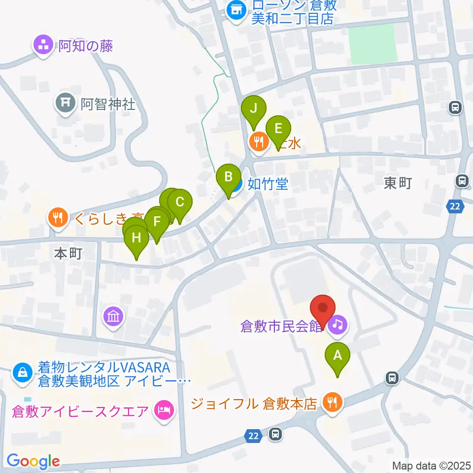 倉敷市民会館周辺のカフェ一覧地図