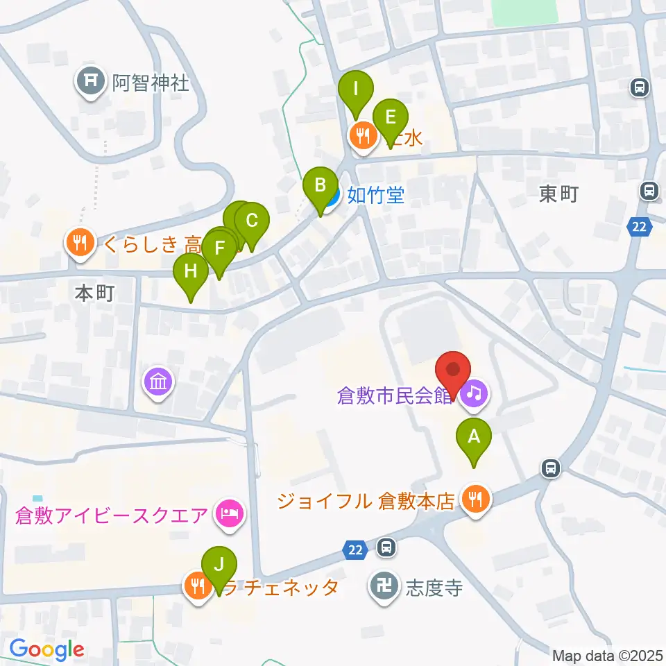 倉敷市民会館周辺のカフェ一覧地図