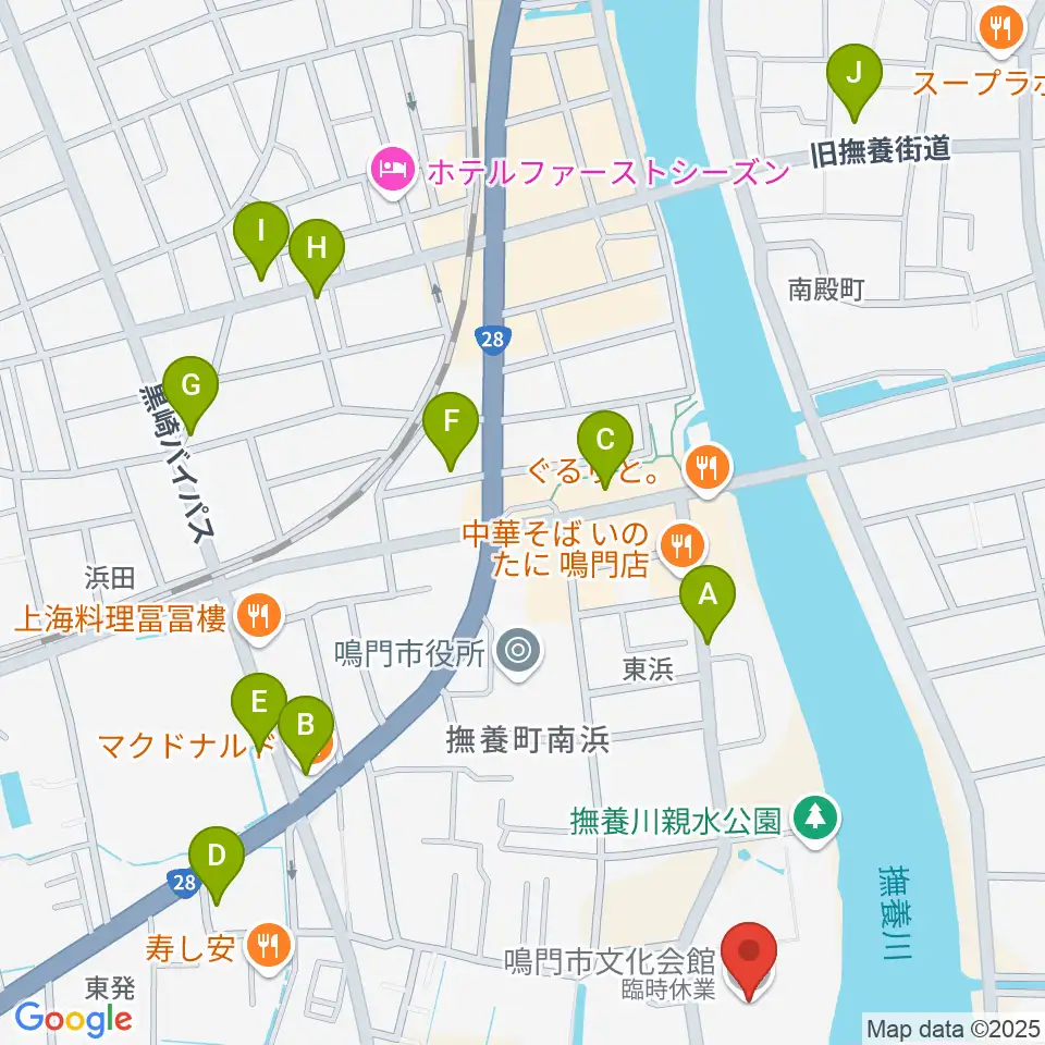 鳴門市文化会館周辺のカフェ一覧地図