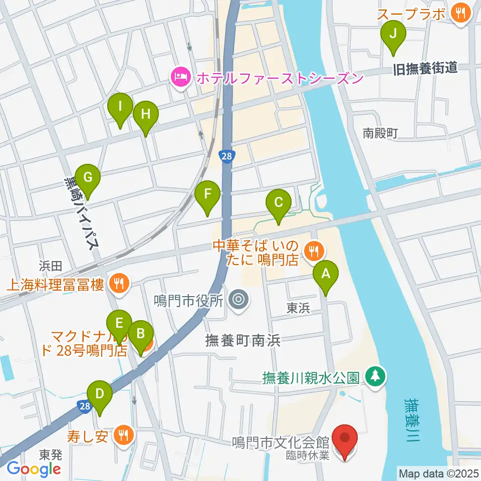 鳴門市文化会館周辺のカフェ一覧地図