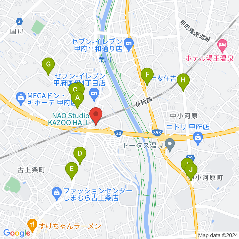 甲府カズーホール周辺のカフェ一覧地図