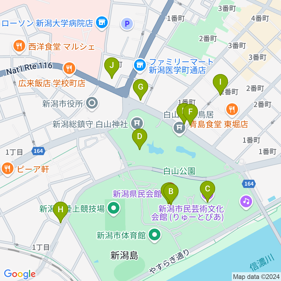 新潟県民会館周辺のカフェ一覧地図