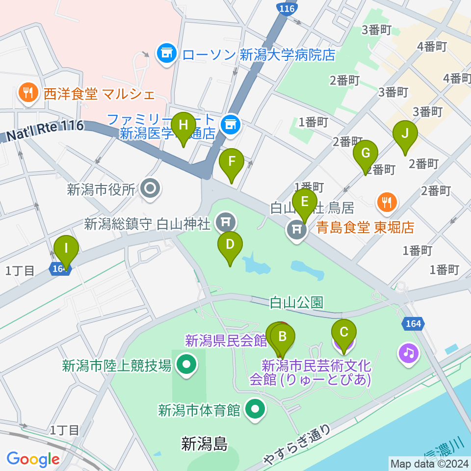 新潟県民会館周辺のカフェ一覧地図