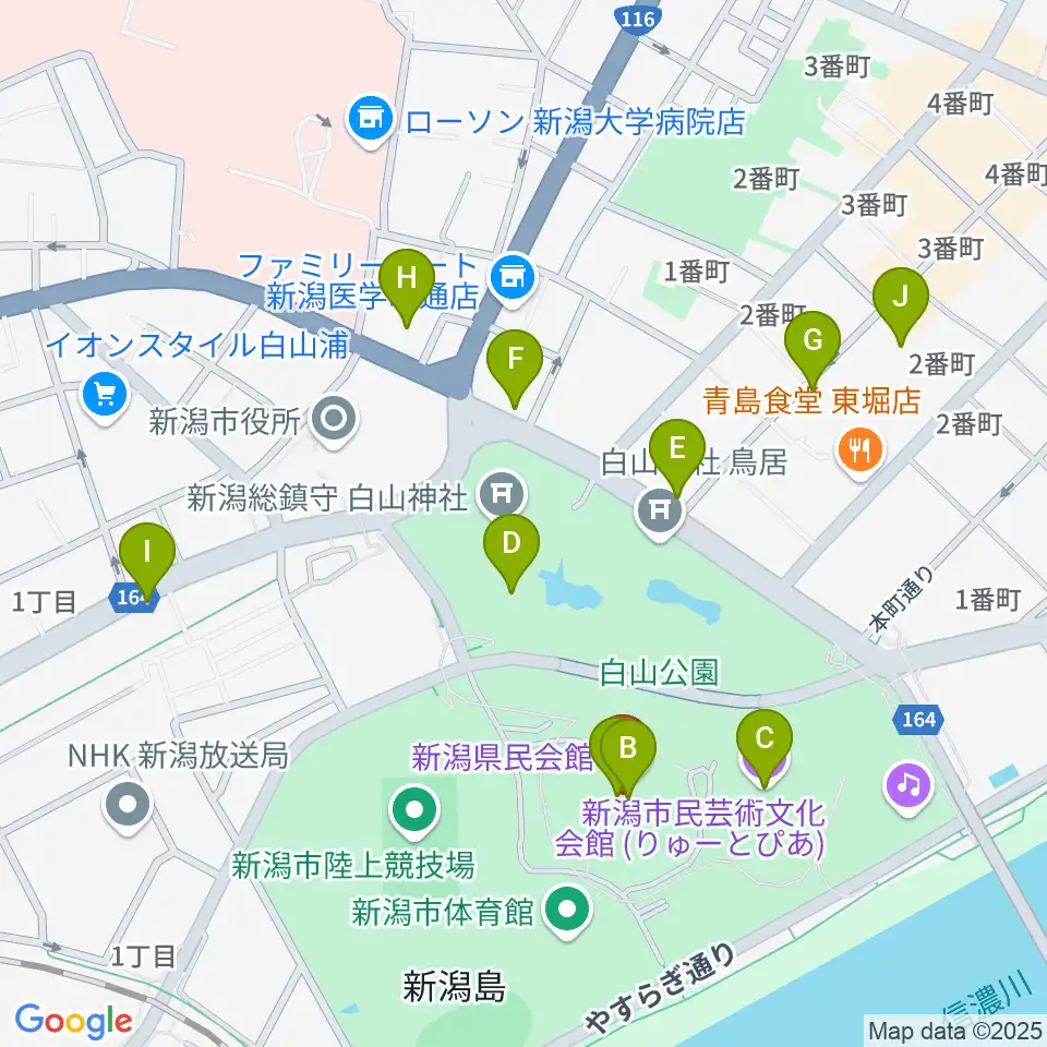 新潟県民会館周辺のカフェ一覧地図