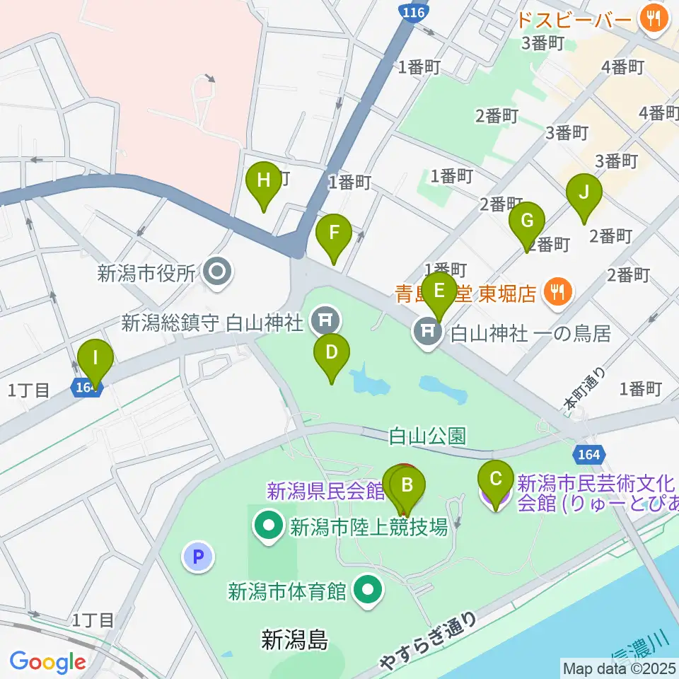 新潟県民会館周辺のカフェ一覧地図