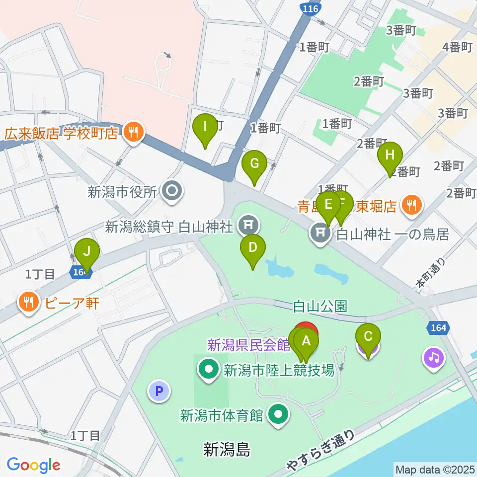 新潟県民会館周辺のカフェ一覧地図
