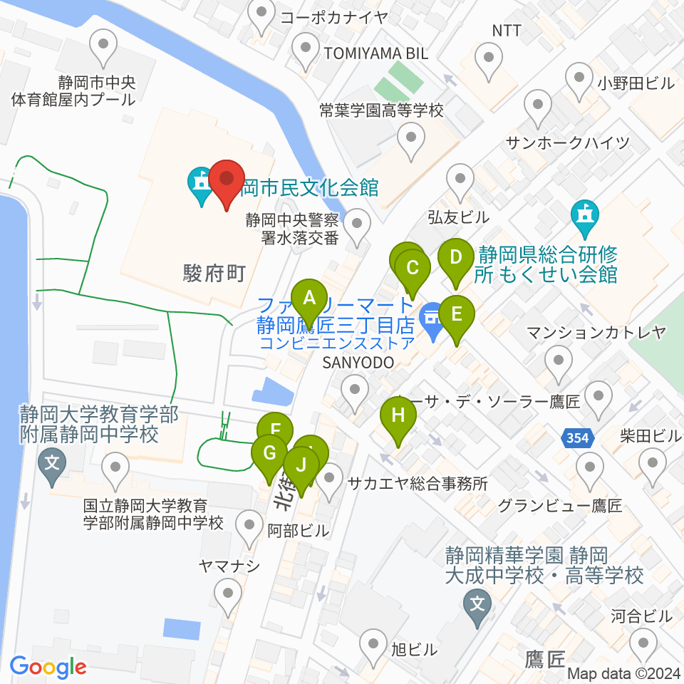 静岡市民文化会館周辺のカフェ一覧地図