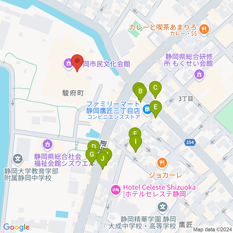 静岡市民文化会館周辺のカフェ一覧地図