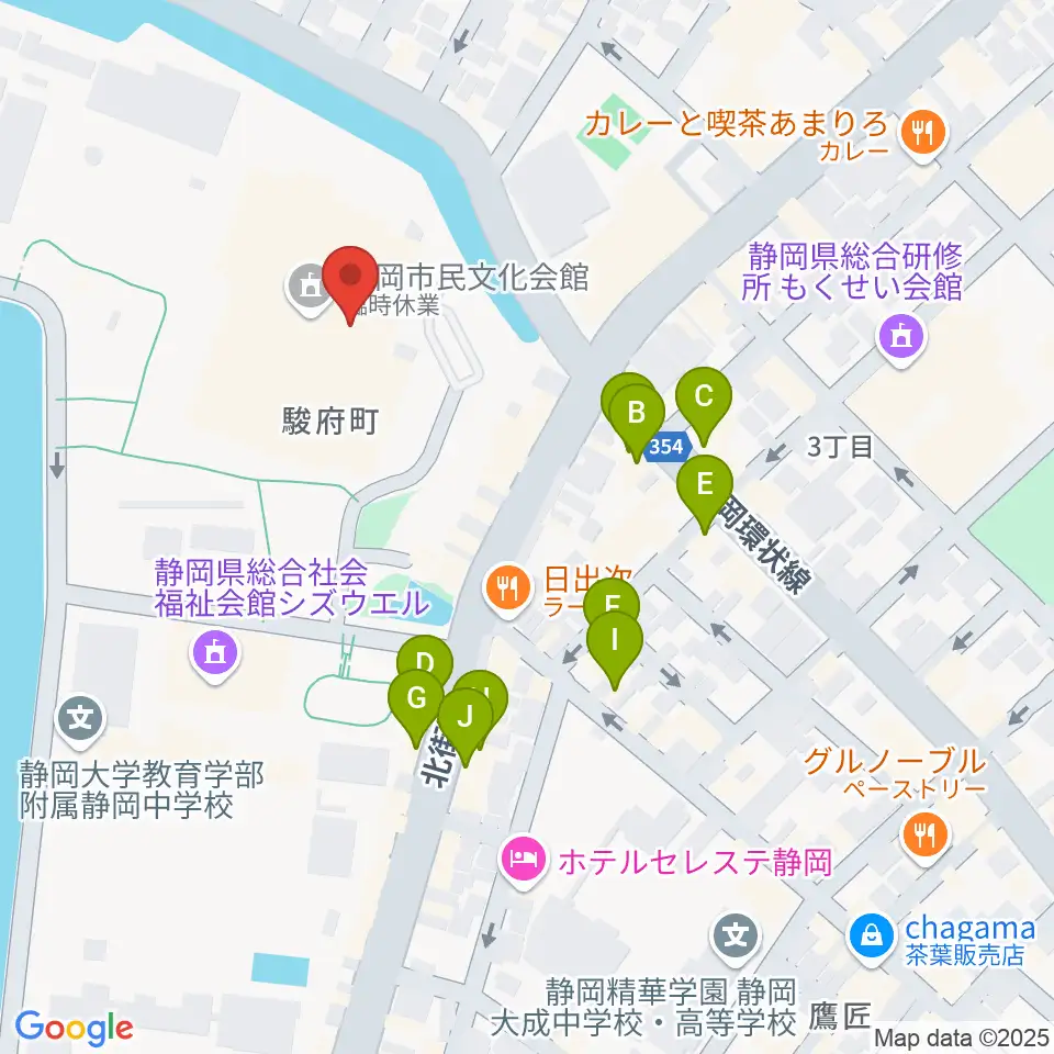 静岡市民文化会館周辺のカフェ一覧地図