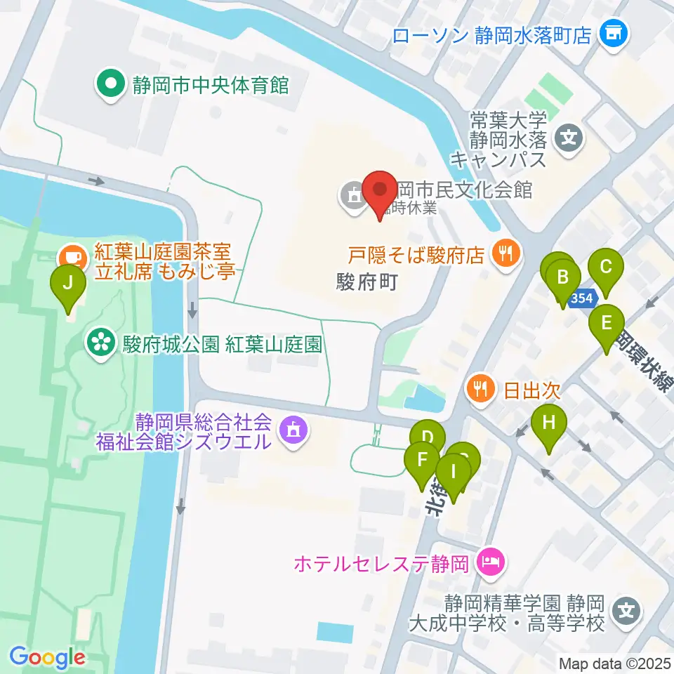 静岡市民文化会館周辺のカフェ一覧地図