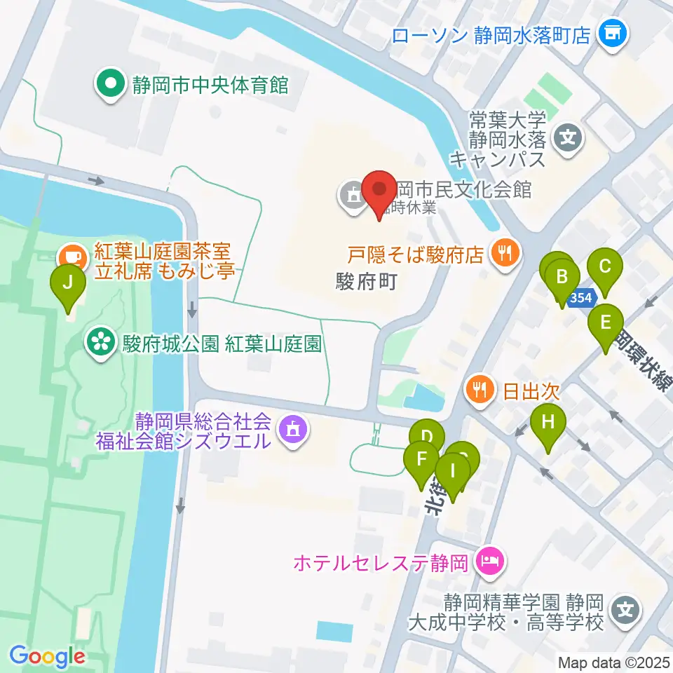 静岡市民文化会館周辺のカフェ一覧地図