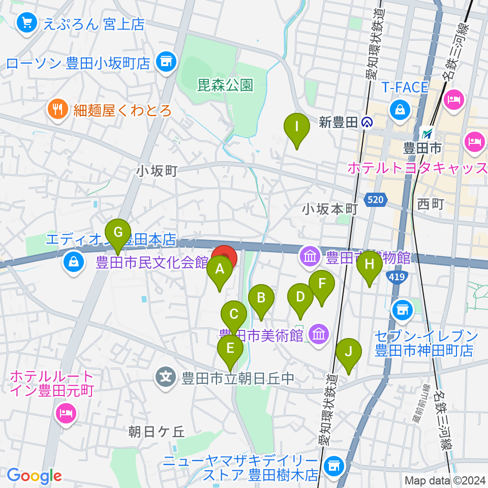 豊田市民文化会館周辺のカフェ一覧地図