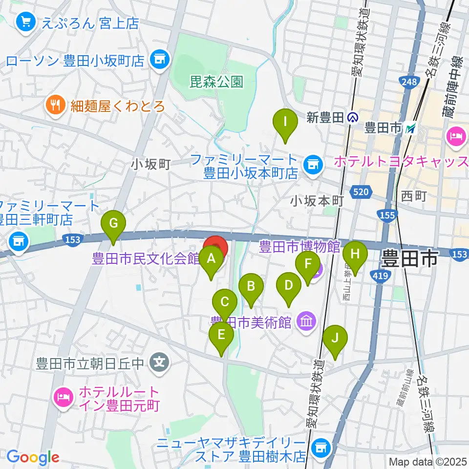 豊田市民文化会館周辺のカフェ一覧地図