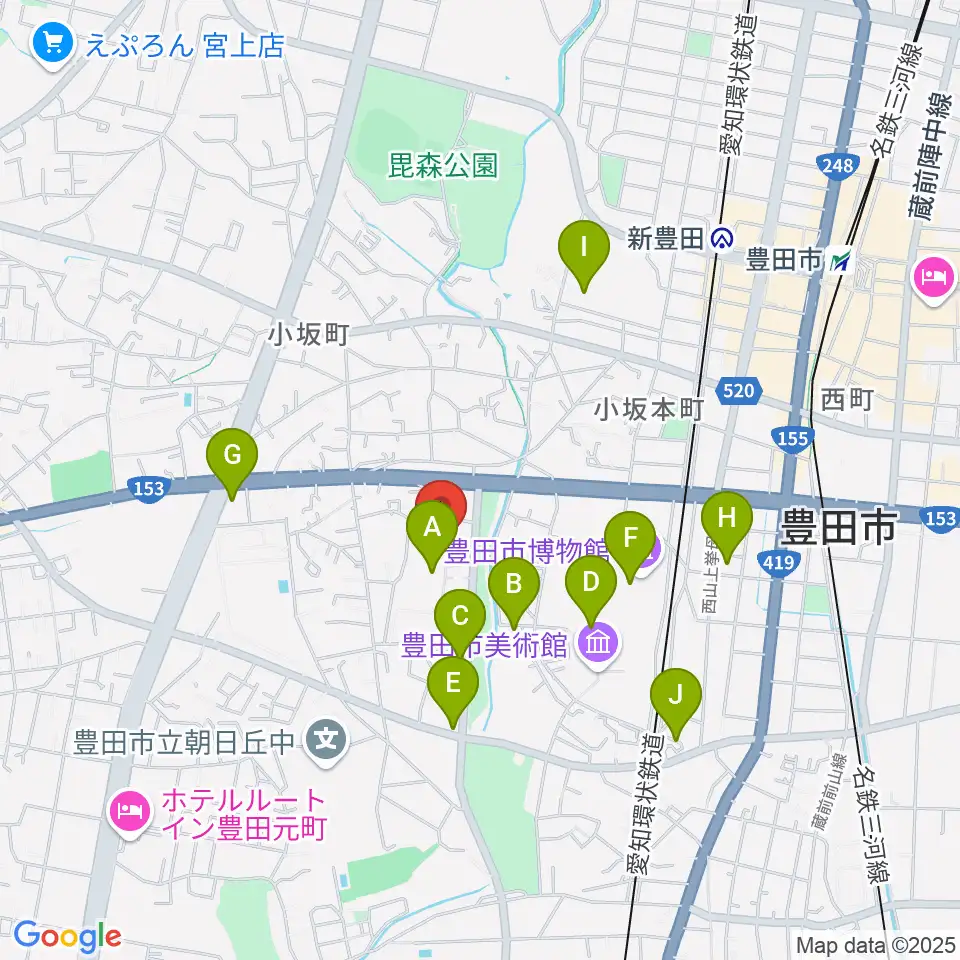 豊田市民文化会館周辺のカフェ一覧地図