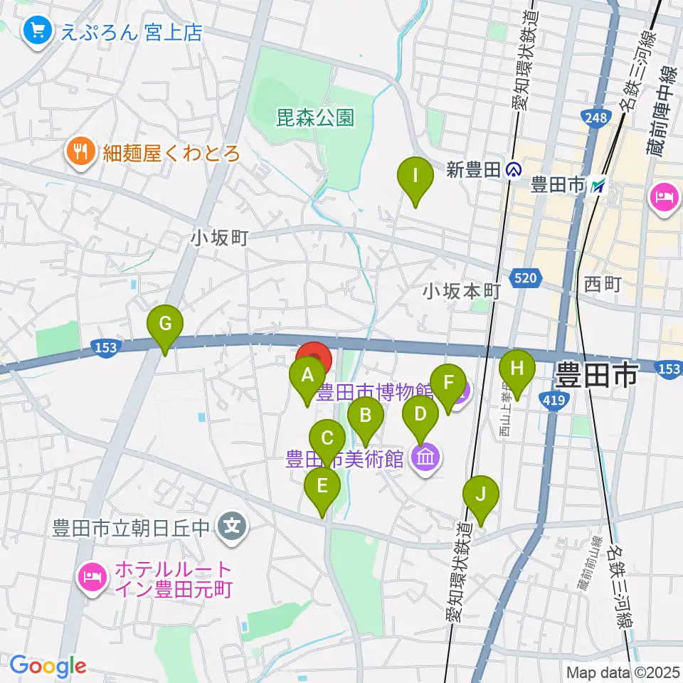 豊田市民文化会館周辺のカフェ一覧地図