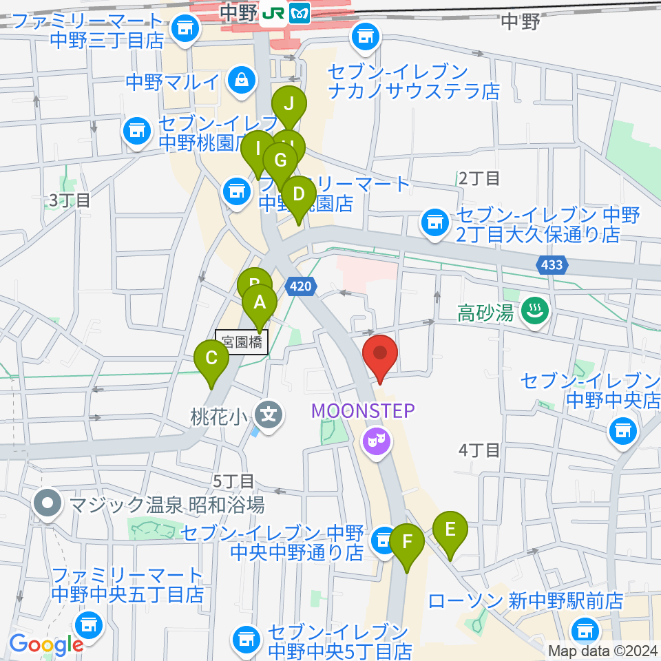 中野Vスタジオ周辺のカフェ一覧地図