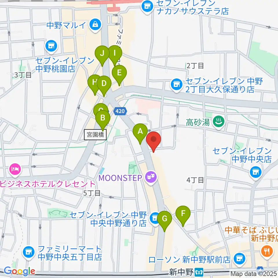 中野Vスタジオ周辺のカフェ一覧地図