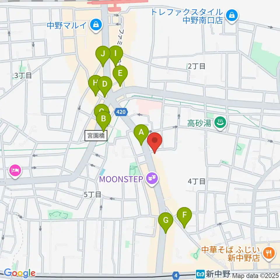 中野Vスタジオ周辺のカフェ一覧地図