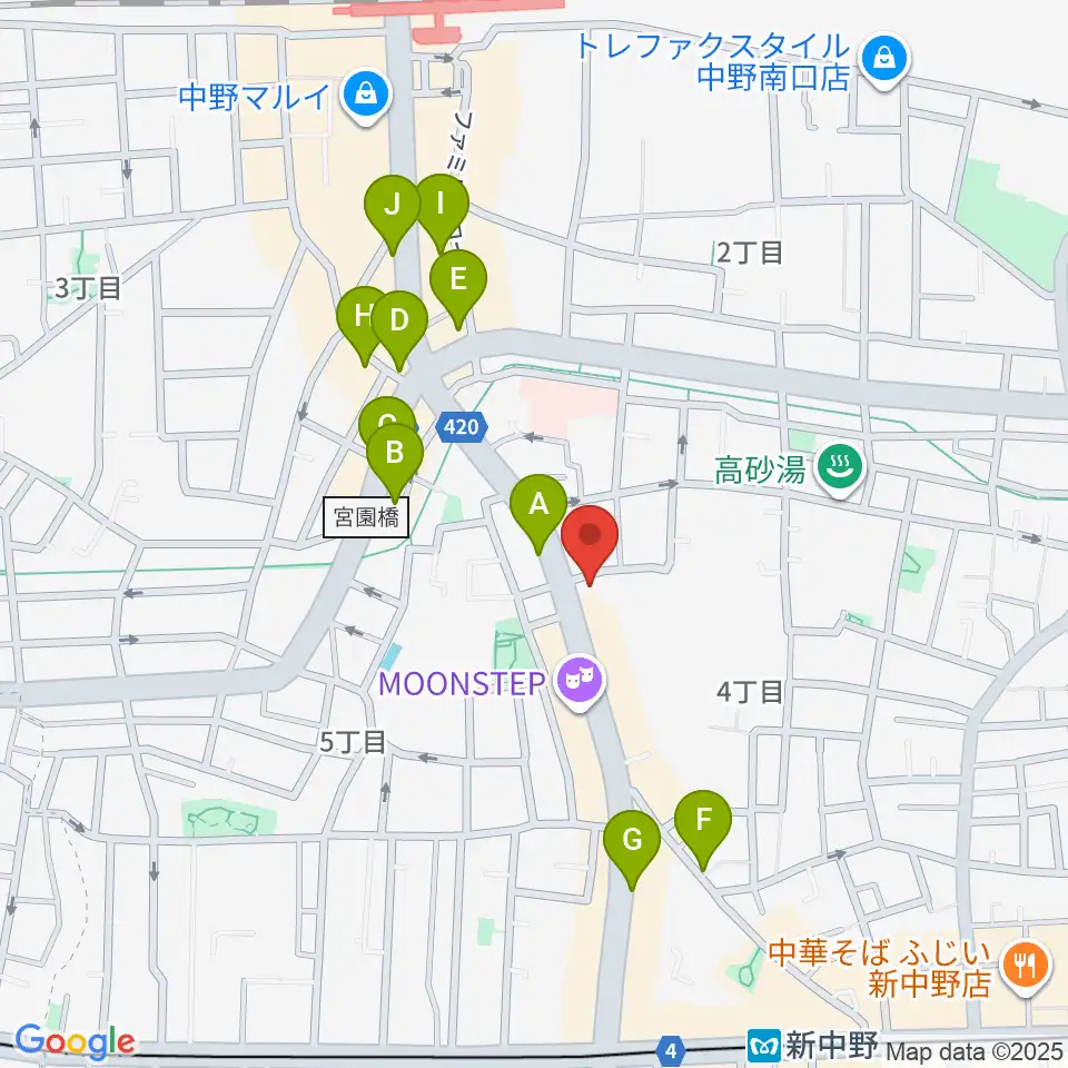中野Vスタジオ周辺のカフェ一覧地図