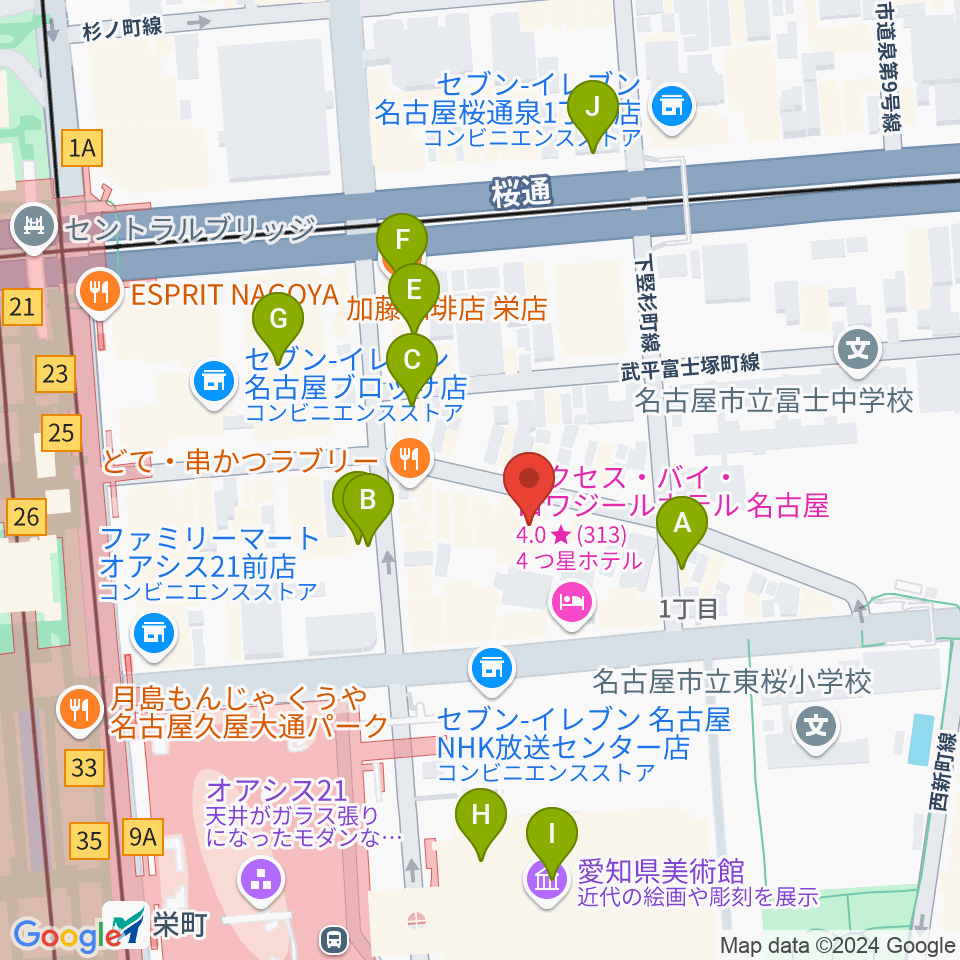 名古屋THE WIZ周辺のカフェ一覧地図