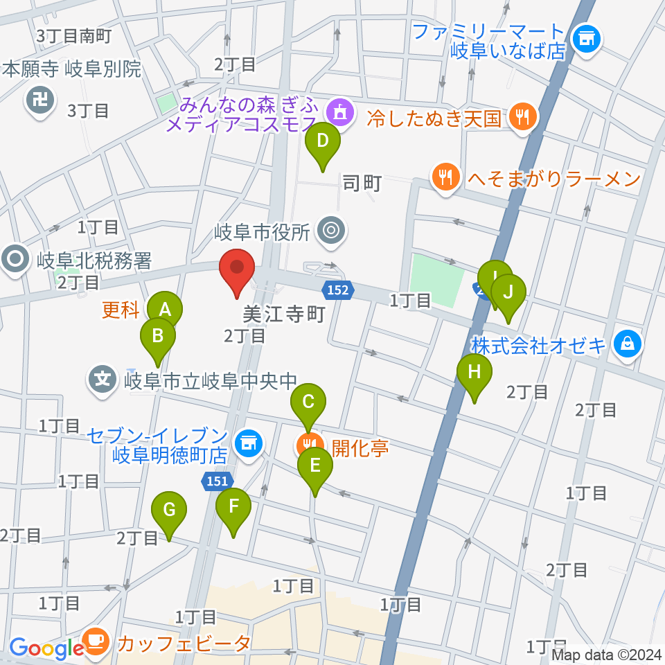 岐阜市民会館周辺のカフェ一覧地図