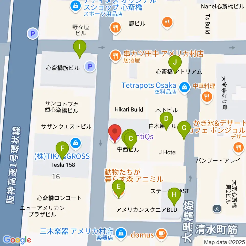 心斎橋AtlantiQs周辺のカフェ一覧地図