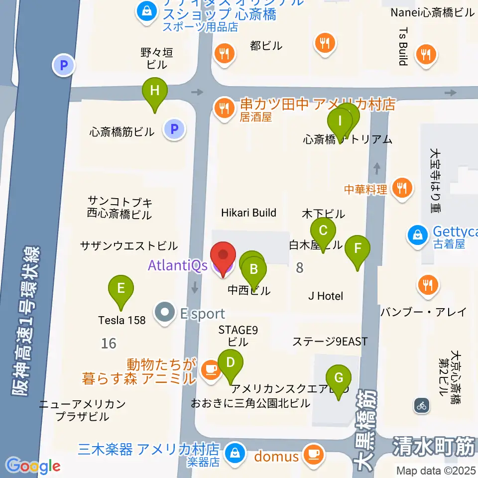 心斎橋AtlantiQs周辺のカフェ一覧地図