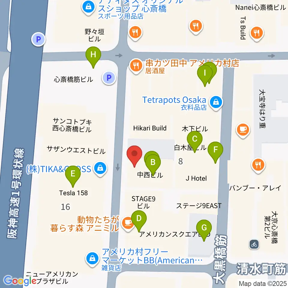 心斎橋AtlantiQs周辺のカフェ一覧地図