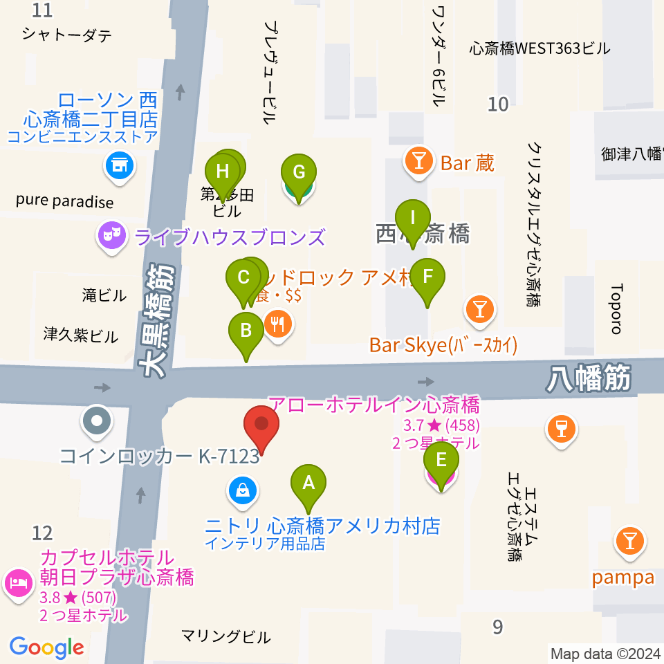 心斎橋SUNHALL周辺のカフェ一覧地図