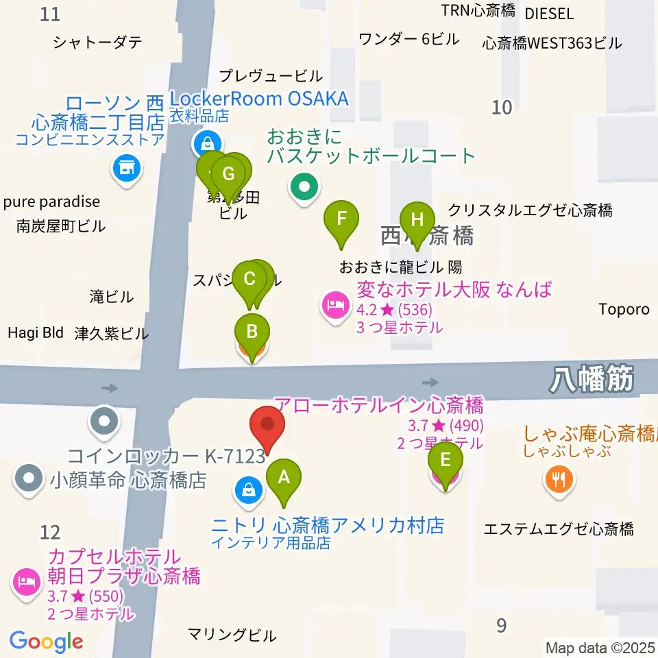 心斎橋SUNHALL周辺のカフェ一覧地図