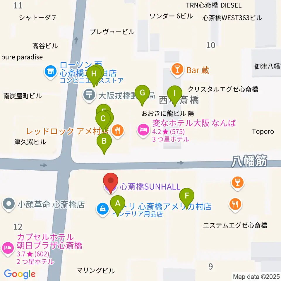 心斎橋SUNHALL周辺のカフェ一覧地図