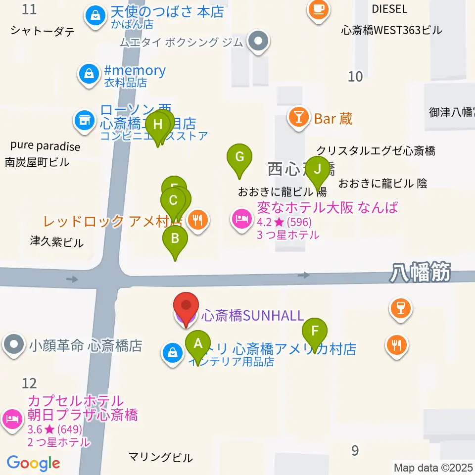 心斎橋SUNHALL周辺のカフェ一覧地図