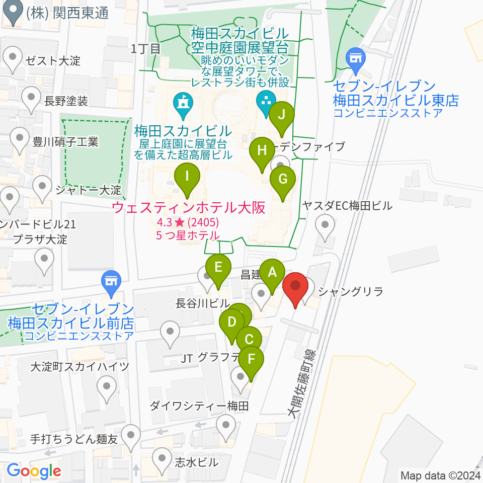 梅田シャングリラ周辺のカフェ一覧地図
