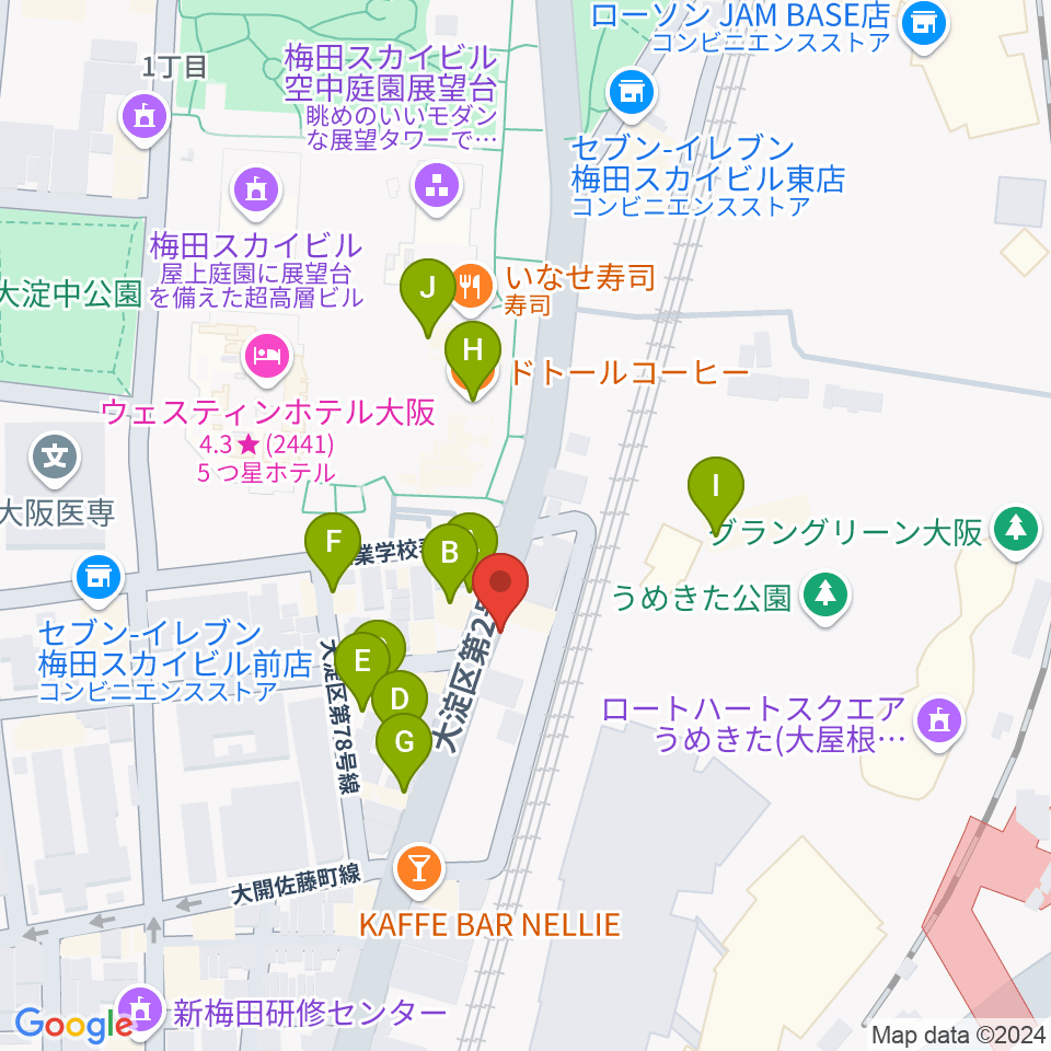 梅田シャングリラ周辺のカフェ一覧地図