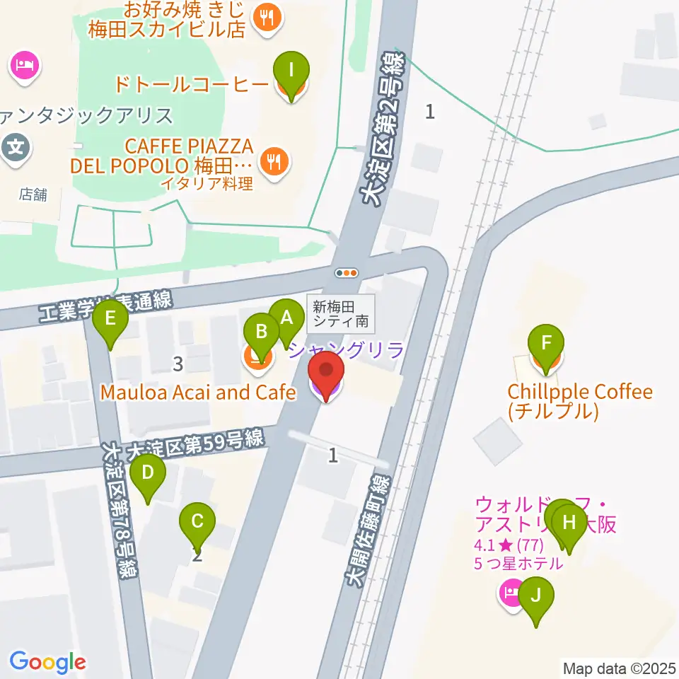 梅田シャングリラ周辺のカフェ一覧地図
