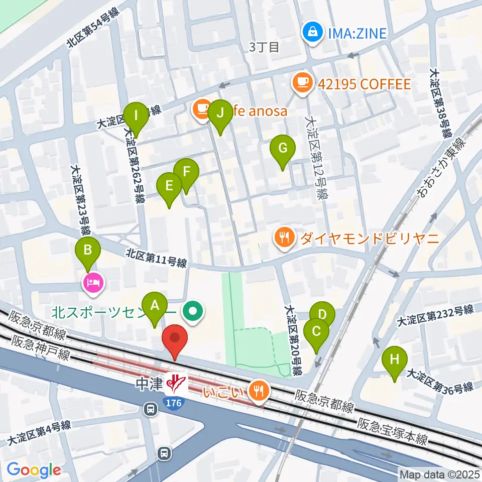 中津Vi-code周辺のカフェ一覧地図