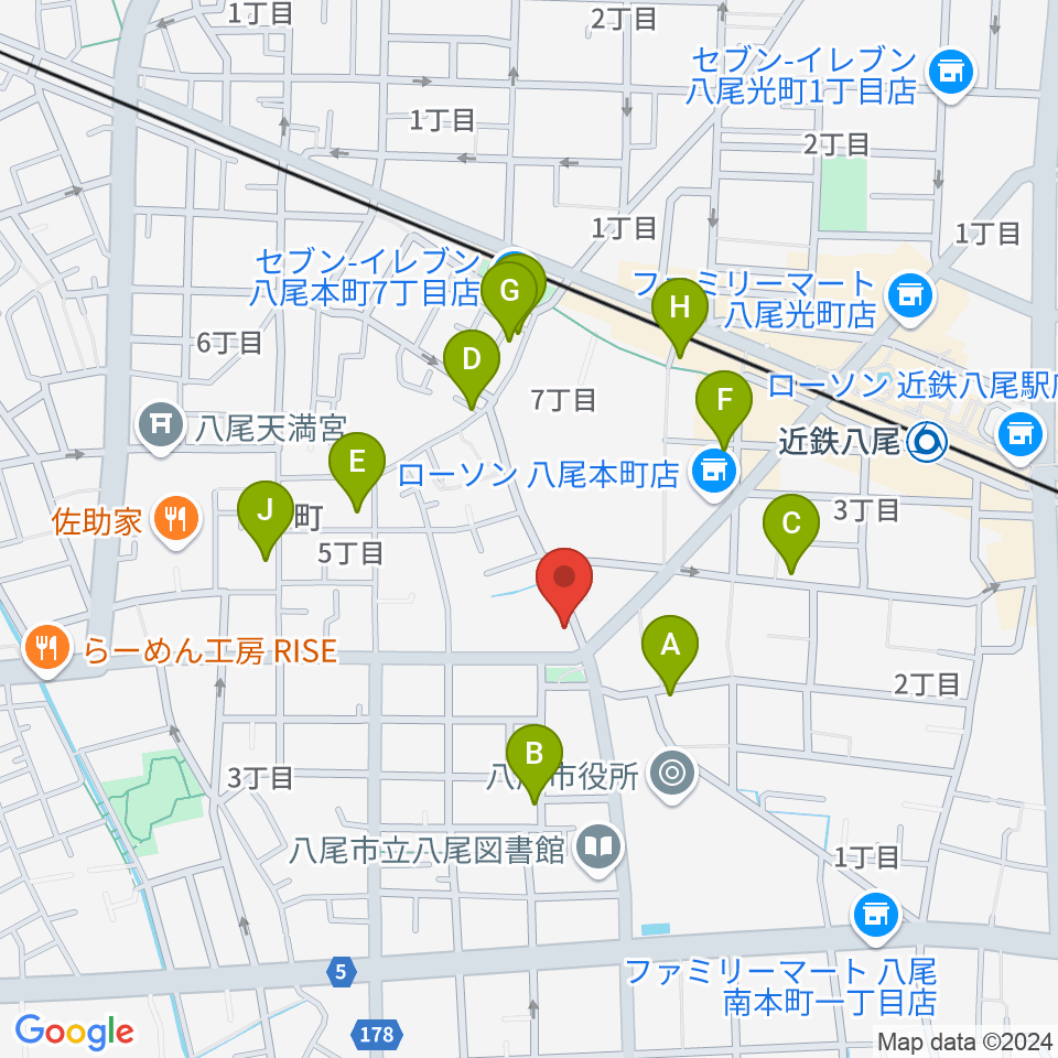 八尾シルキーホール周辺のカフェ一覧地図