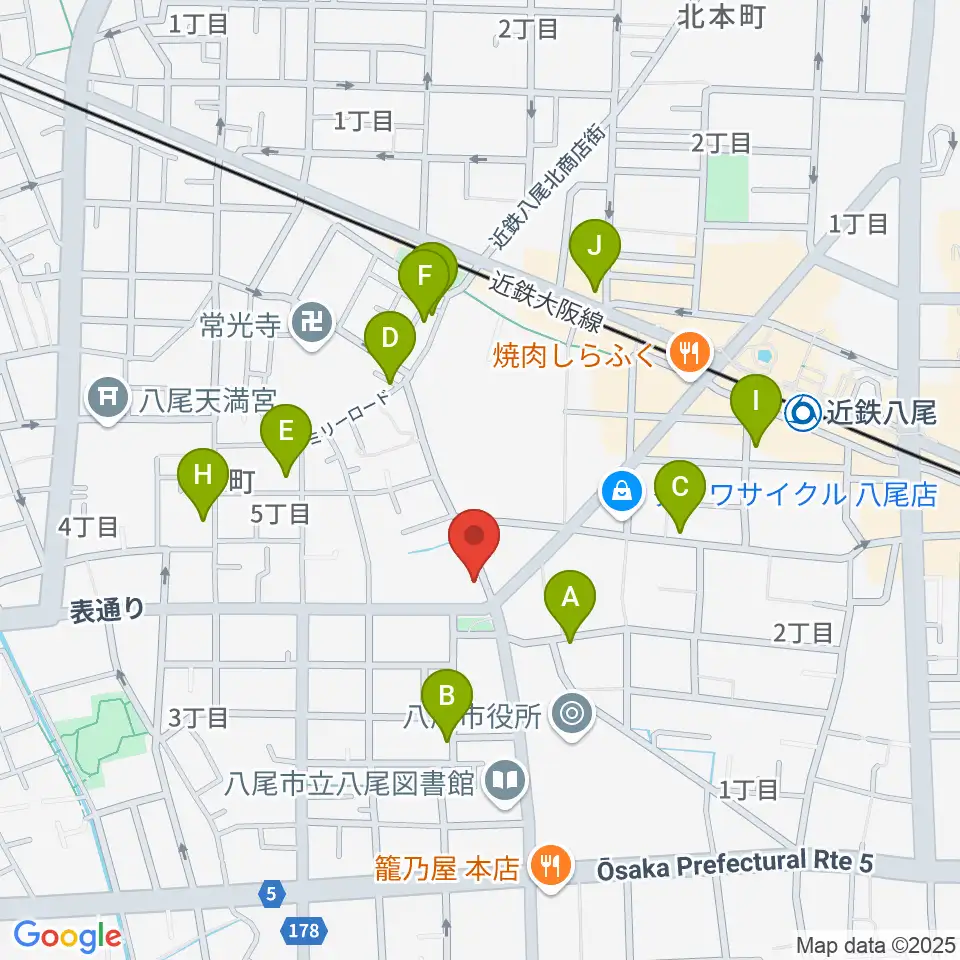 八尾シルキーホール周辺のカフェ一覧地図