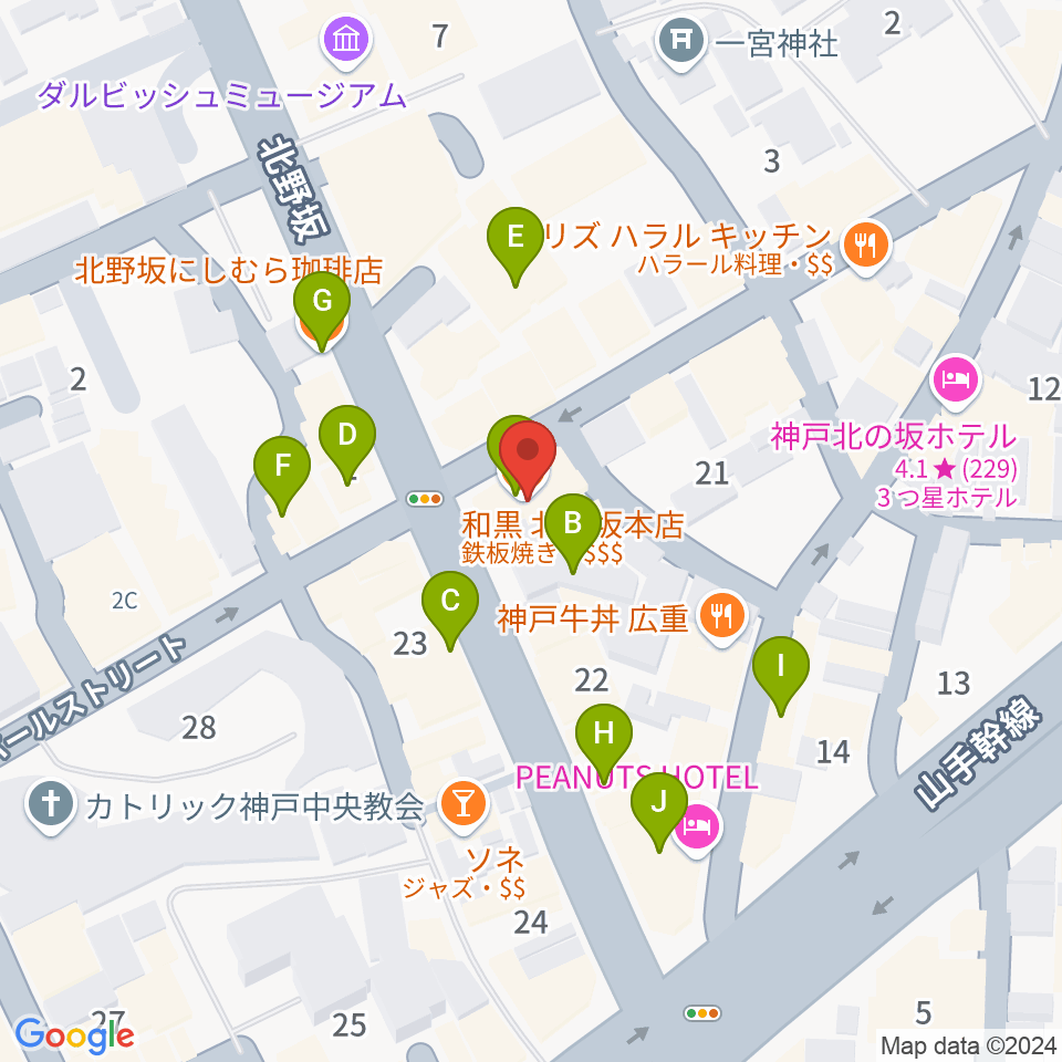 神戸ベイズンストリート周辺のカフェ一覧地図