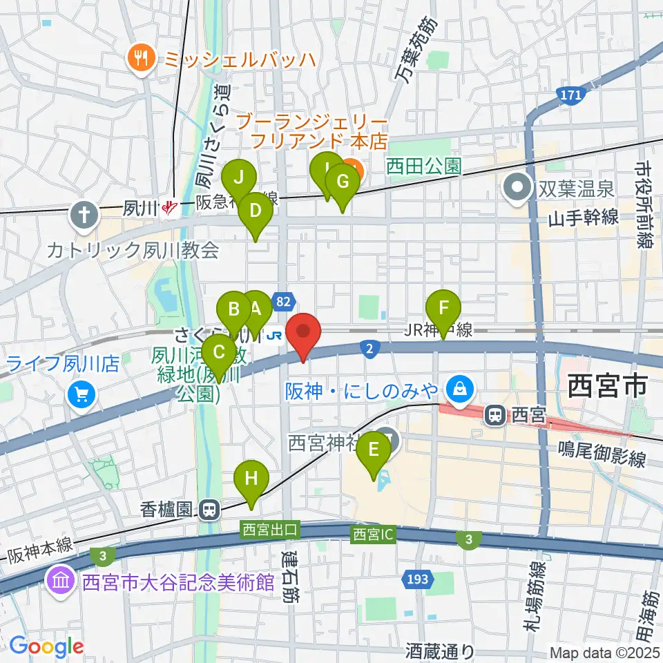 西宮フォートワース周辺のカフェ一覧地図