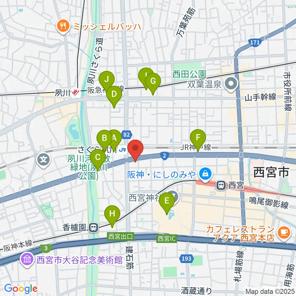 西宮フォートワース周辺のカフェ一覧地図