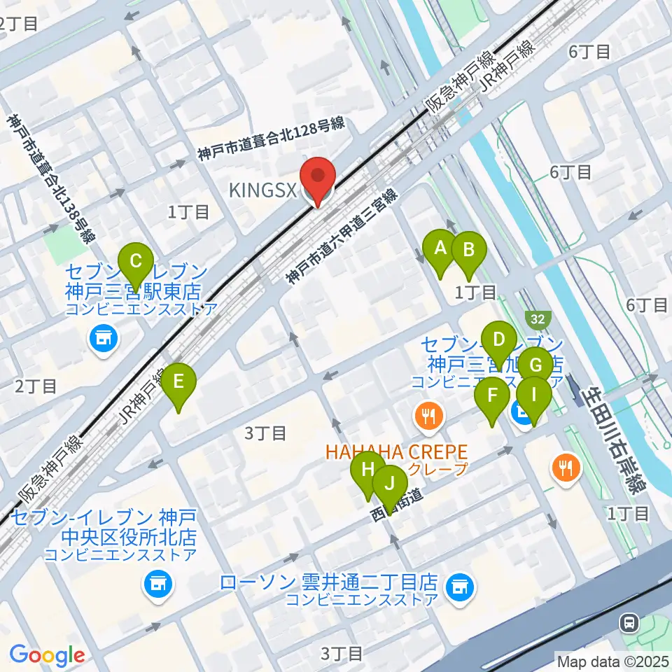 神戸三宮KINGSX周辺のカフェ一覧地図