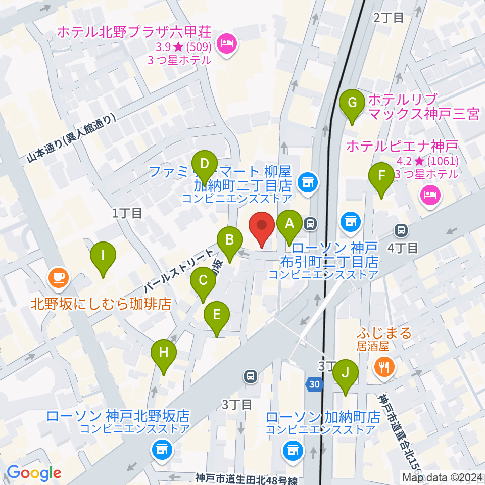 神戸ホンキートンク周辺のカフェ一覧地図