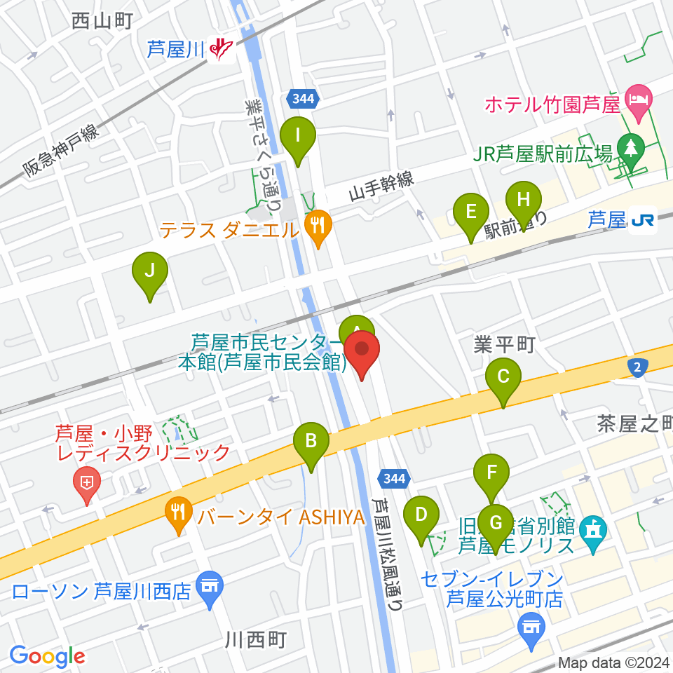 ルネサンスクラシックス芦屋ルナ・ホール周辺のカフェ一覧地図