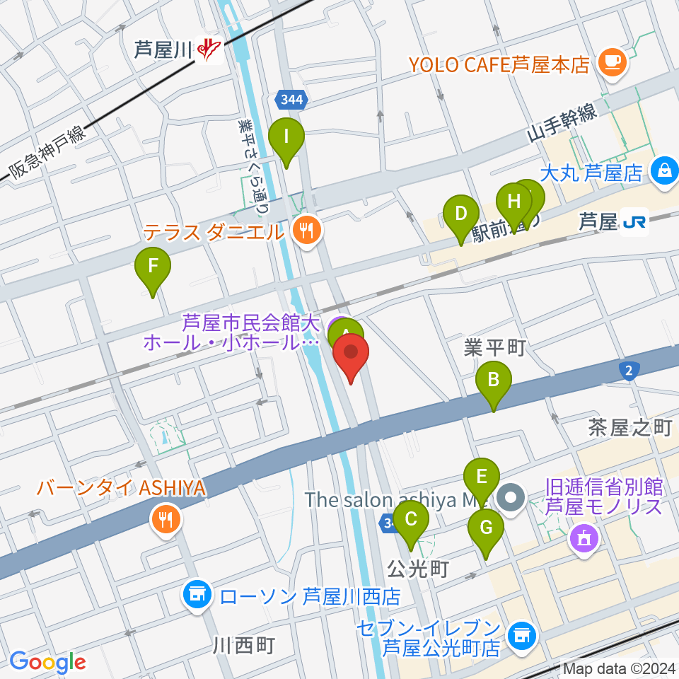 ルネサンスクラシックス芦屋ルナ・ホール周辺のカフェ一覧地図