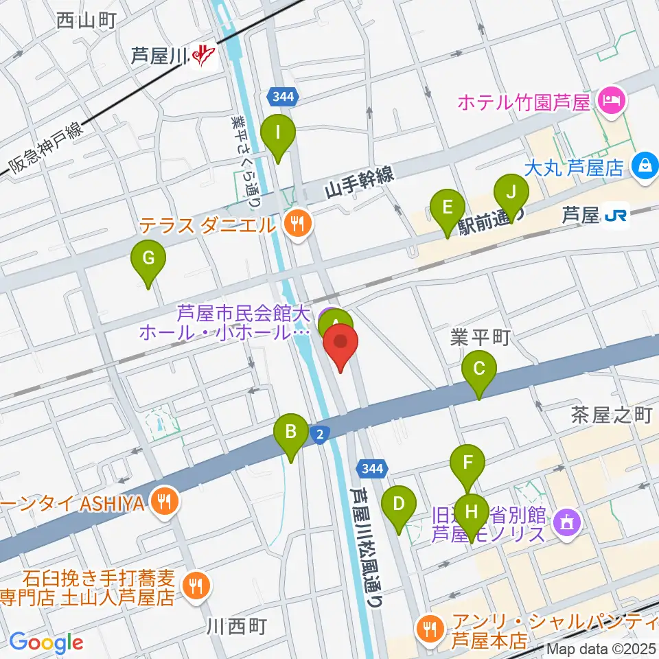 ルネサンスクラシックス芦屋ルナ・ホール周辺のカフェ一覧地図