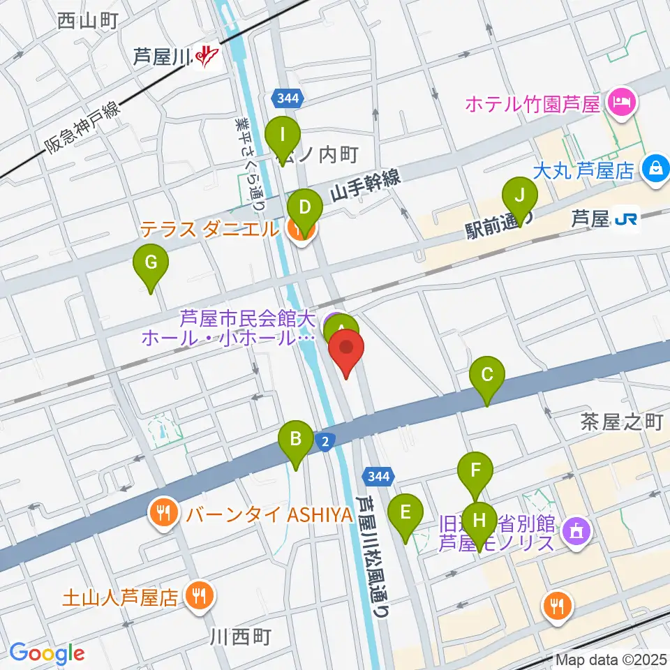 ルネサンスクラシックス芦屋ルナ・ホール周辺のカフェ一覧地図