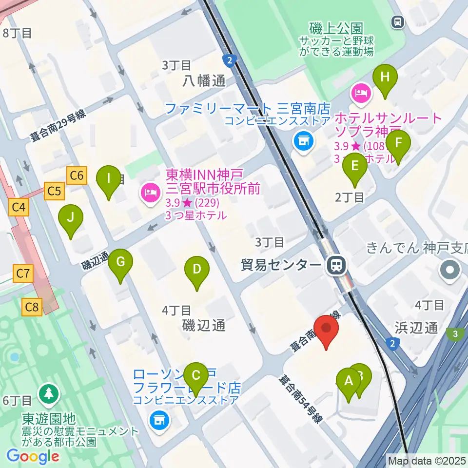 神戸サンボーホール周辺のカフェ一覧地図