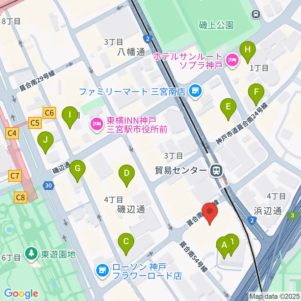 神戸サンボーホール周辺のカフェ一覧地図