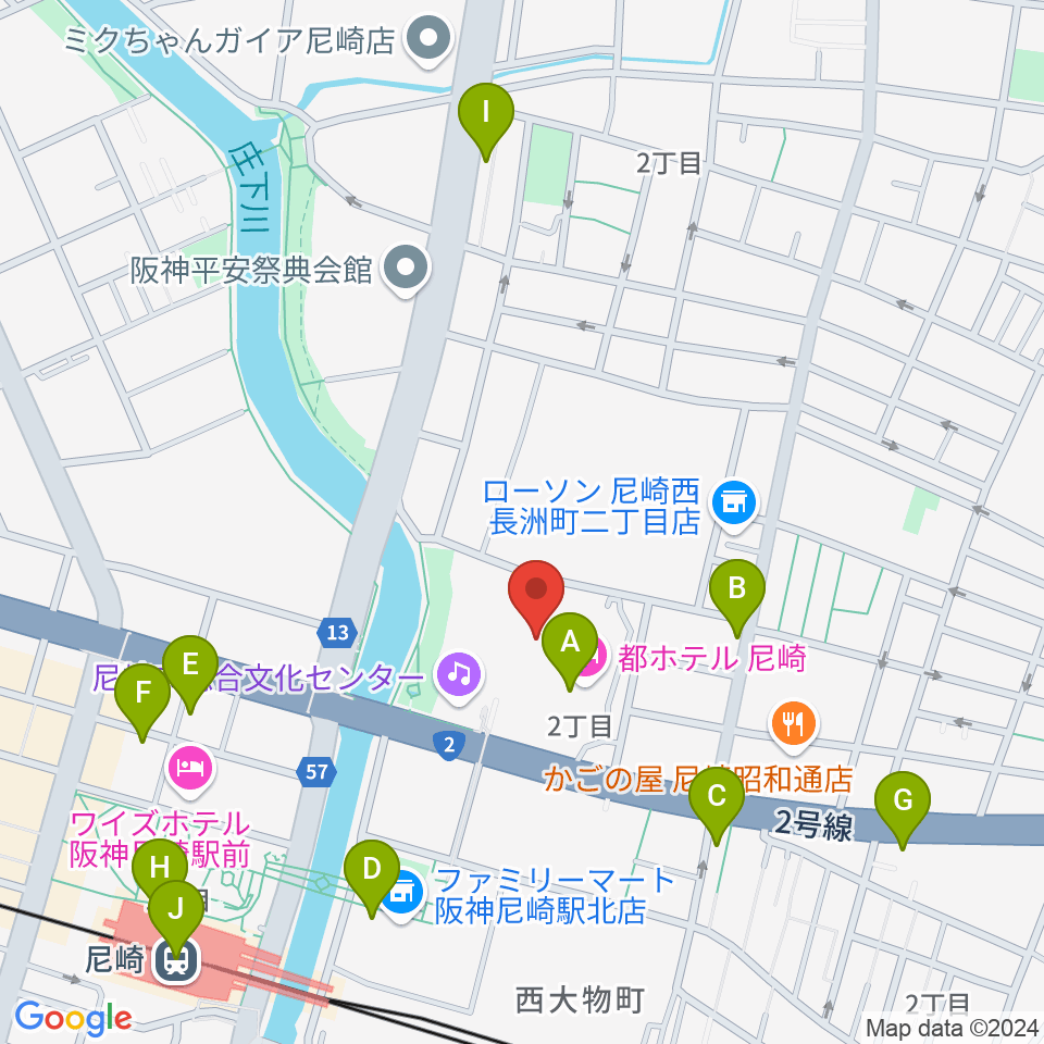 尼崎市総合文化センター周辺のカフェ一覧地図